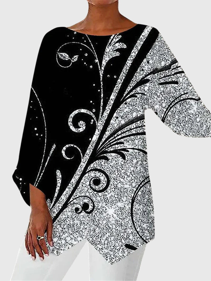 Alayah printed crew neck top in Black Silver Floral, view 7