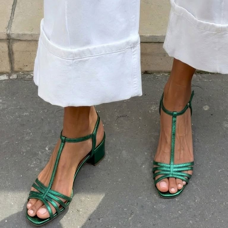 Solveig Strappy Block Heel Sandals in Green, view 9