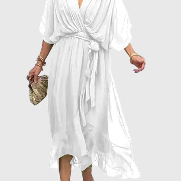 Bethany elegant V neck midi dress in White, view 7