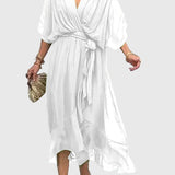 Bethany V neck belted midi dress in White, view 7