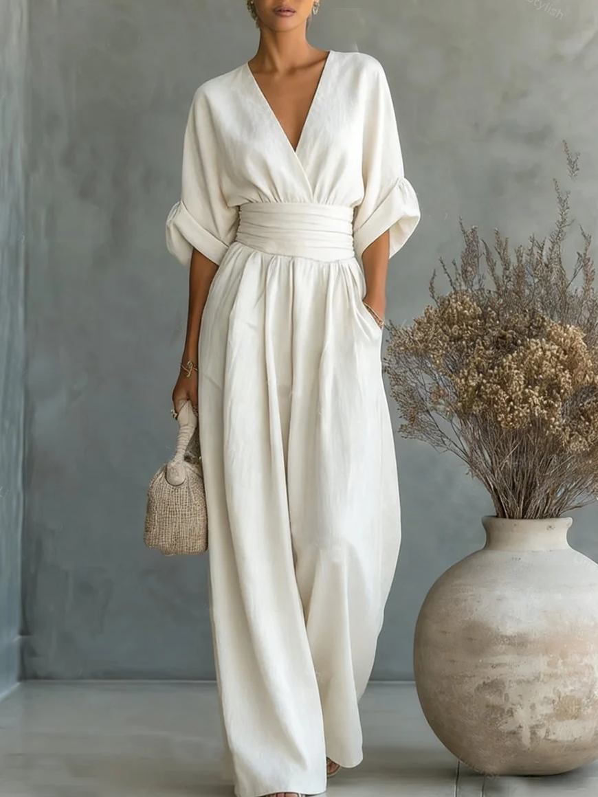 Maja V Neck High Waisted Jumpsuit in White, view 3
