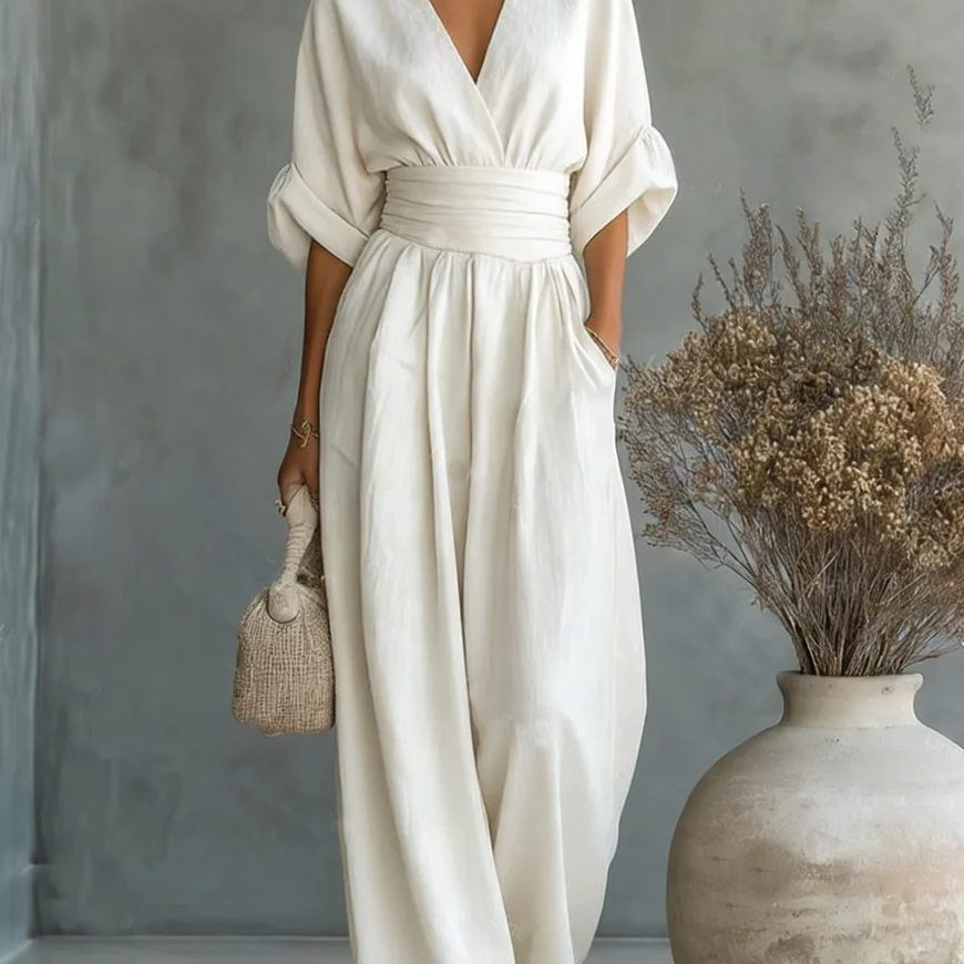 Maja V Neck High Waisted Jumpsuit in White, view 3
