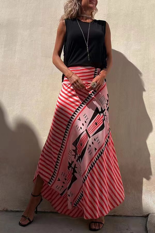 High waisted striped maxi skirt in Red, view 8