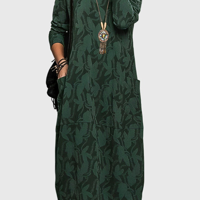 Victoria casual round neck dress in Green, front view