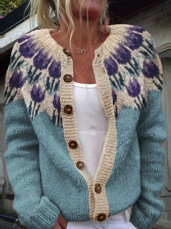 Keira tulip yoke knitted cardigan in Light Blue, view 2