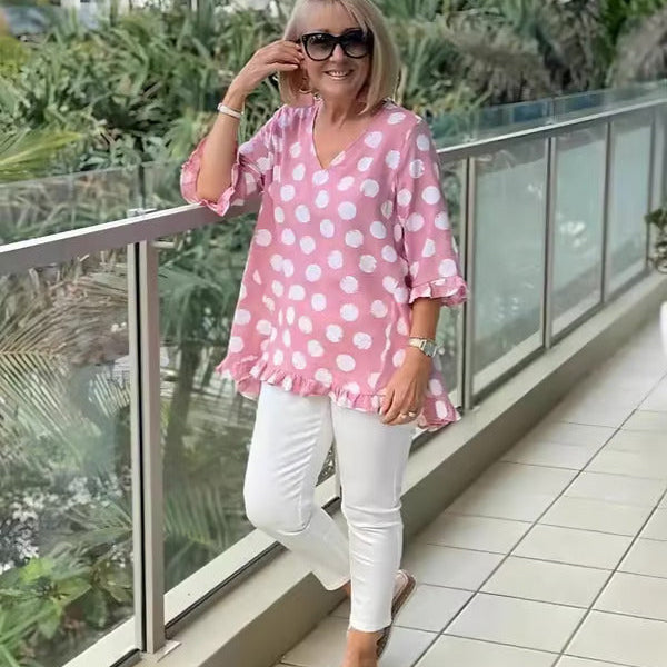 Denise polka dot V-neck ruffle blouse in Candy Pink, view 4