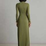 Olive green deep V neck maxi dress, view 6