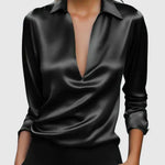 Calvina satin V-neck blouse in Black, view 8