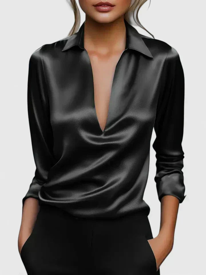 Calvina satin V-neck blouse in Black, view 8