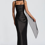 Calanthe black square neck maxi dress, front view