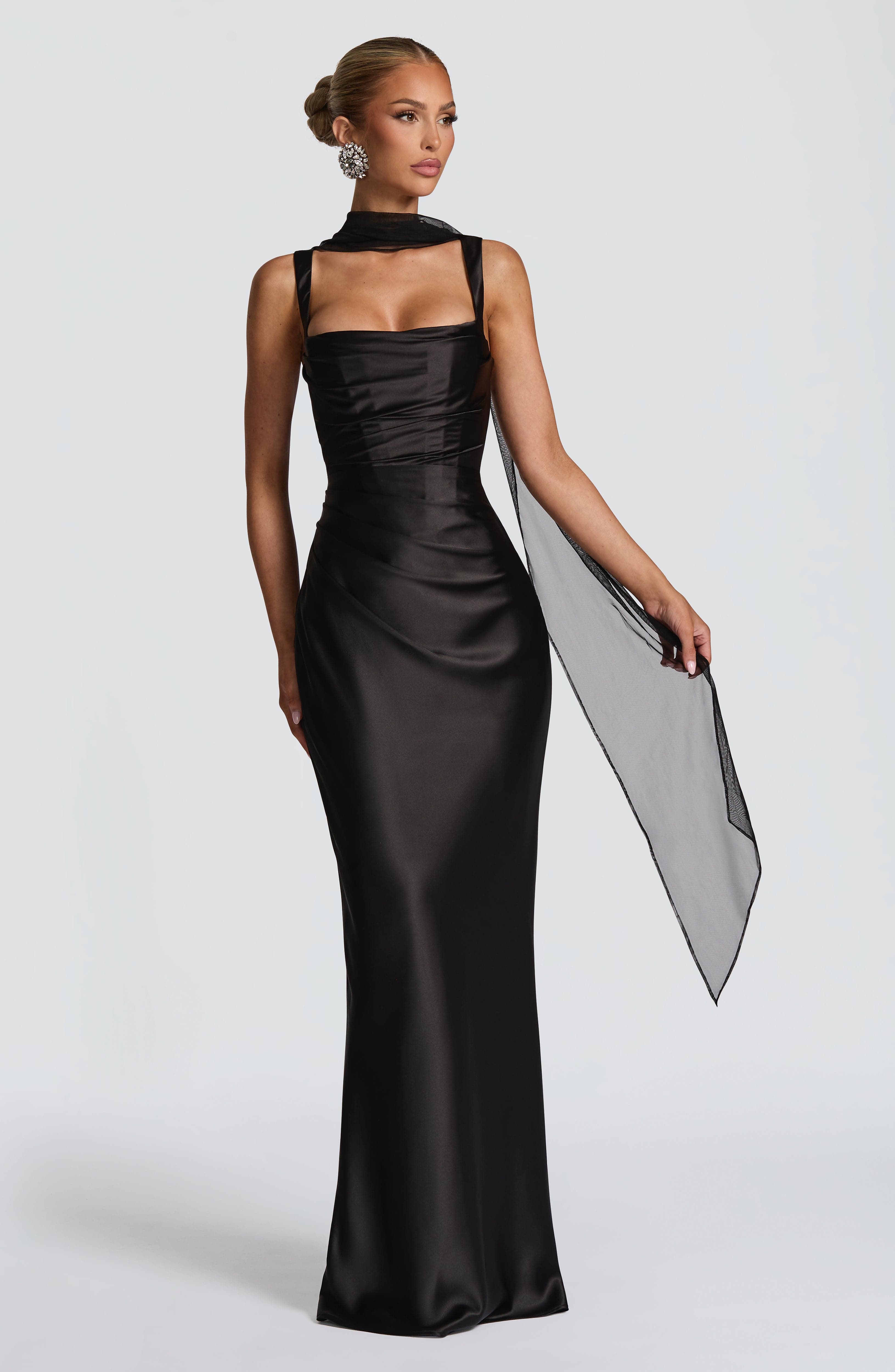 Calanthe black square neck maxi dress, front view