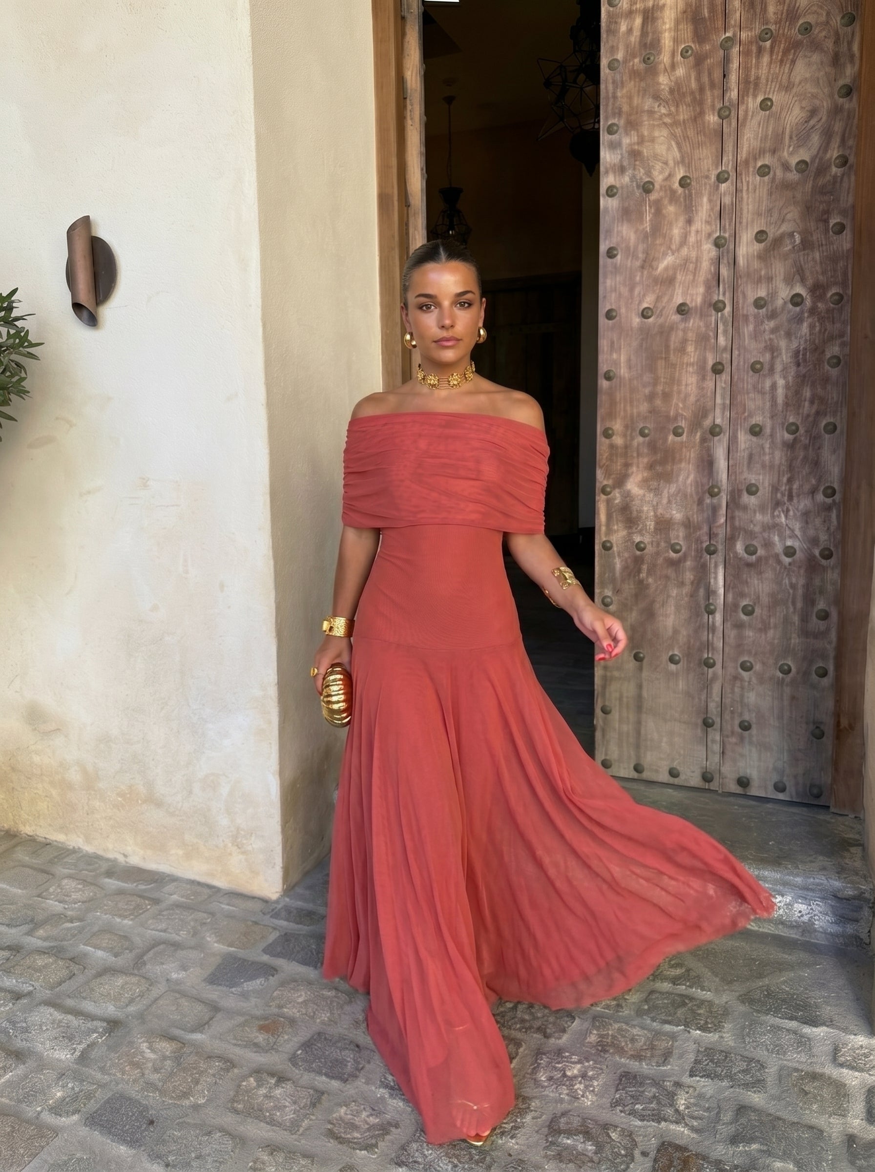 Toledo linen blend one shoulder maxi dress in Terracotta, view 5