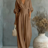 Maja V Neck High Waisted Jumpsuit in Khaki, view 7