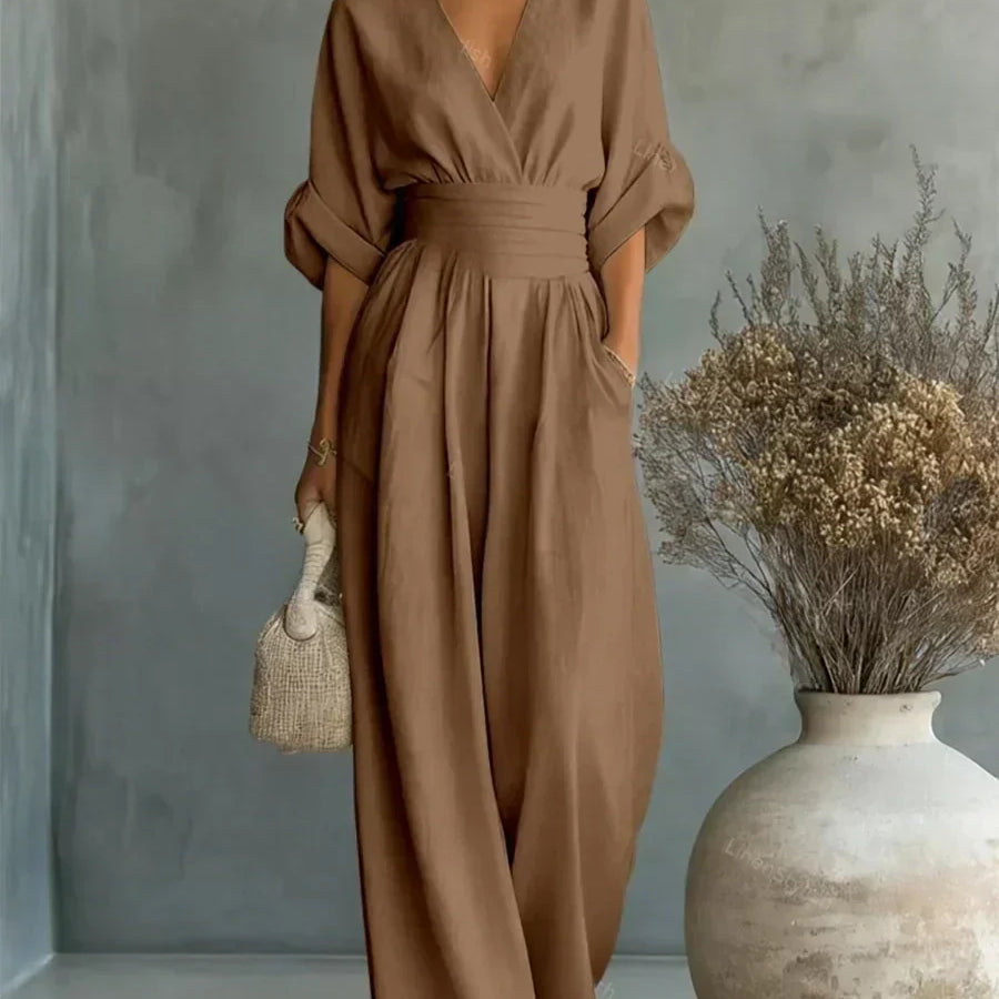 Maja V Neck High Waisted Jumpsuit in Khaki, view 7