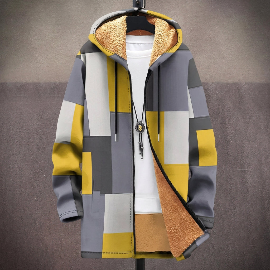 Pearl - Grey and Yellow Geometric Block Jacket, front view