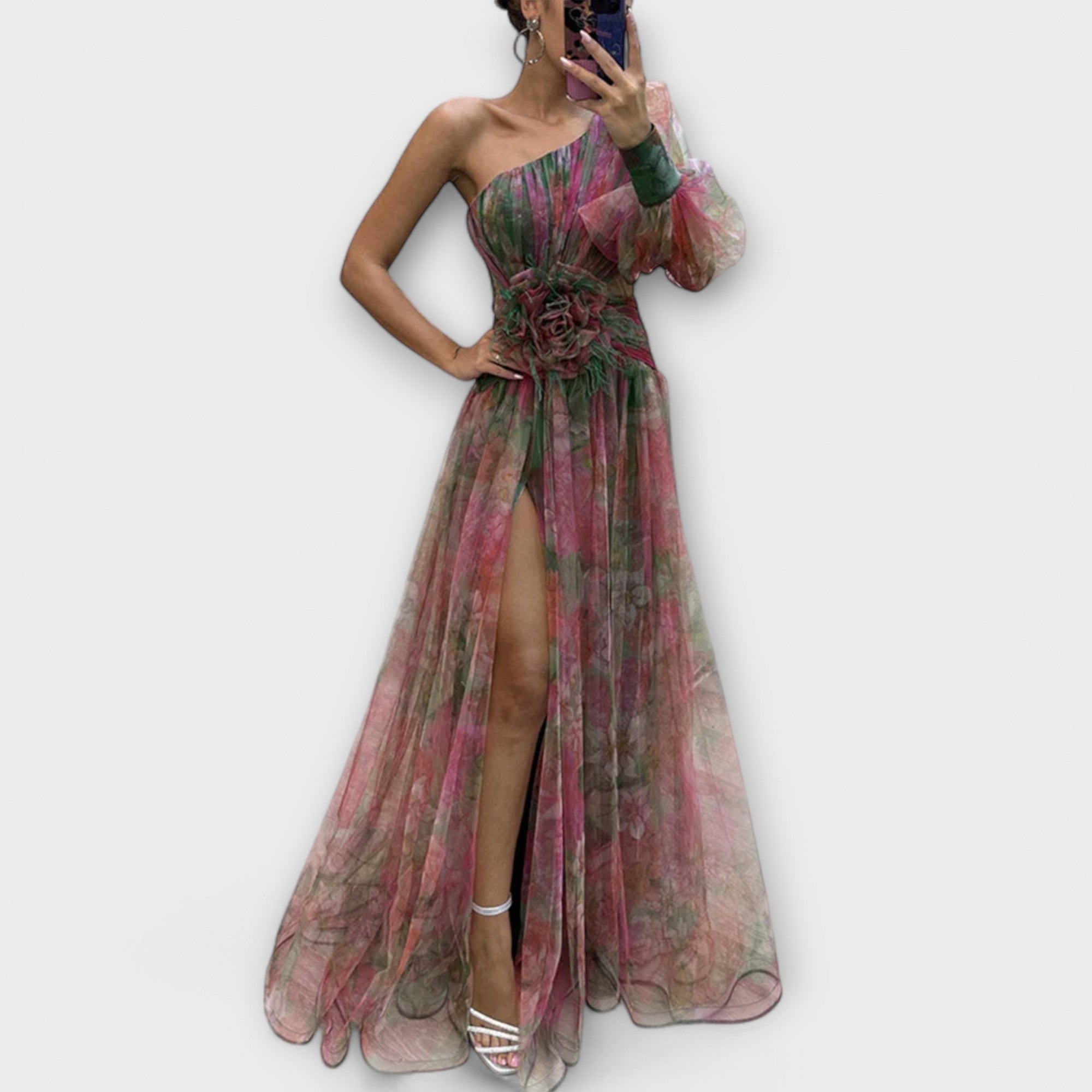 One Shoulder Floral Evening Dress in Red, view 2