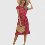 Allyzhea polka dot belted midi dress in Red, view 5