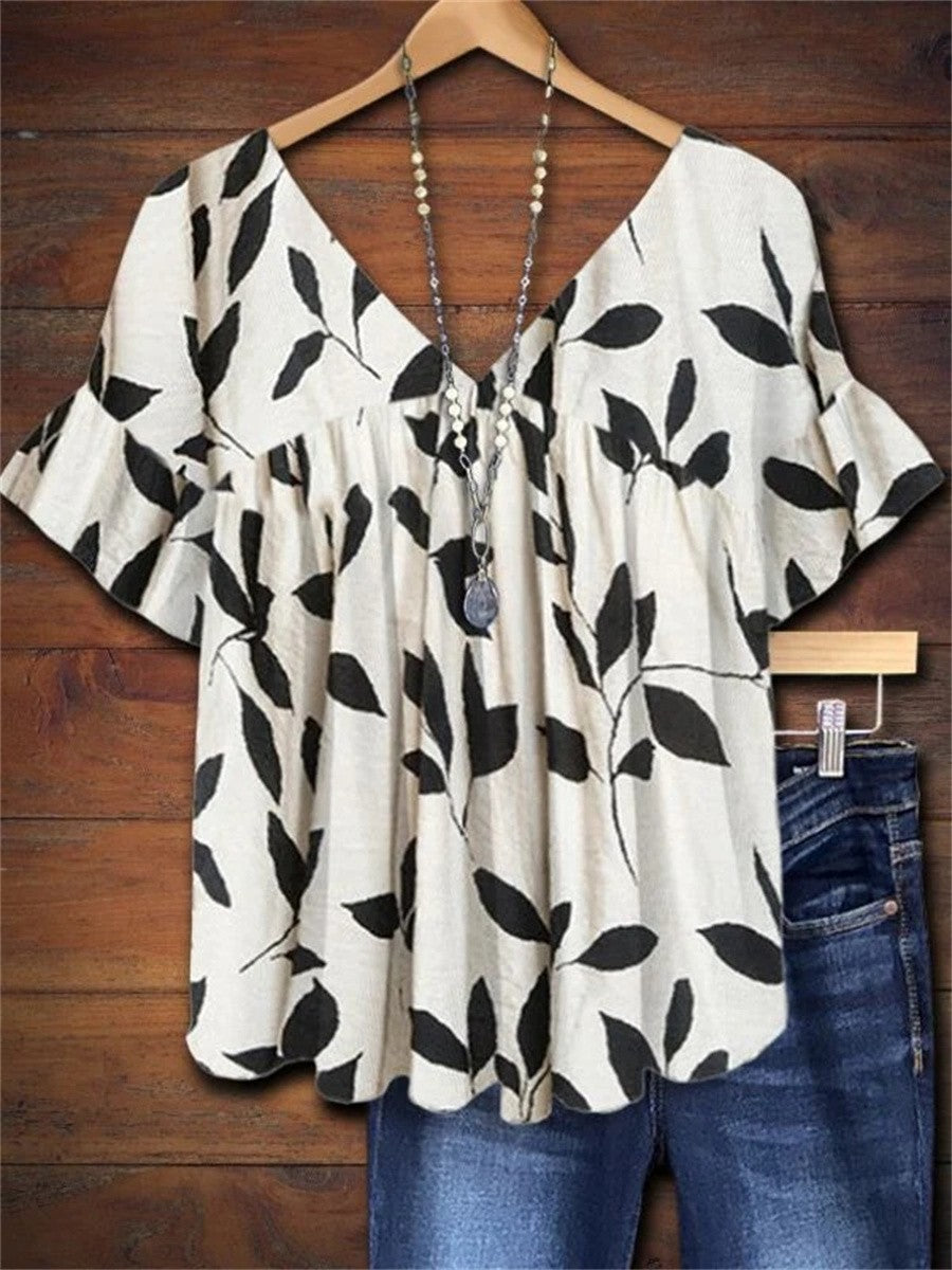 Anna white ruffled leaf print top, front view