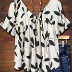 Anna white ruffled leaf print top, front view