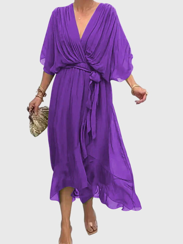 Bethany elegant V neck midi dress in Purple, view 4