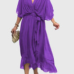 Bethany V neck belted midi dress in Purple, view 4