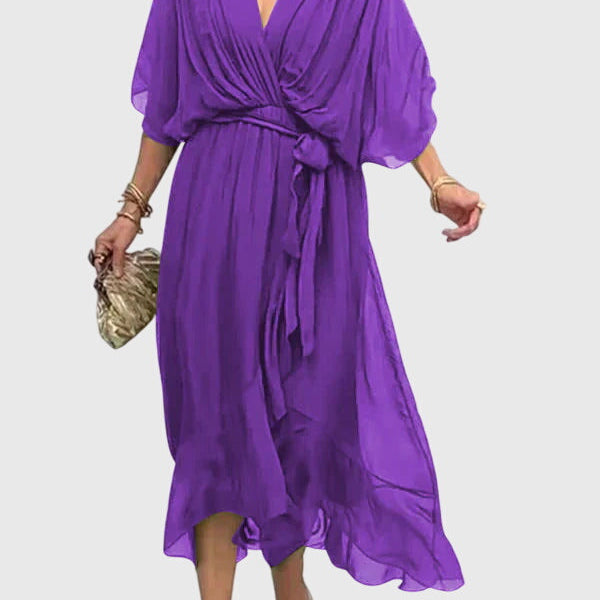 Bethany V neck belted midi dress in Purple, view 4
