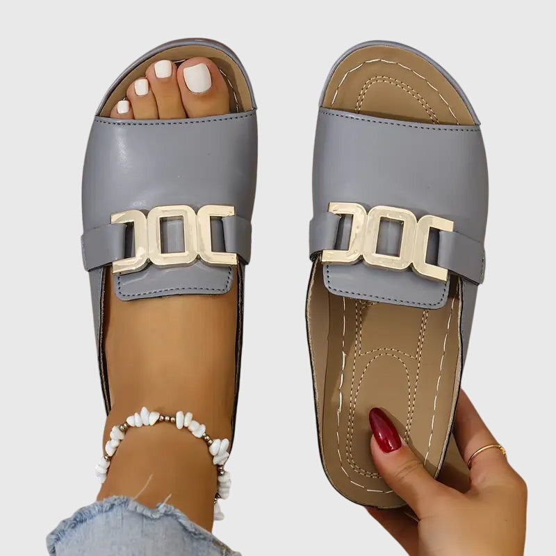 Kathryn Gold Buckle Slide Sandals in Grey, view 6