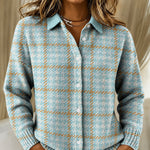 Clara sky blue checked knitted jacket, front view