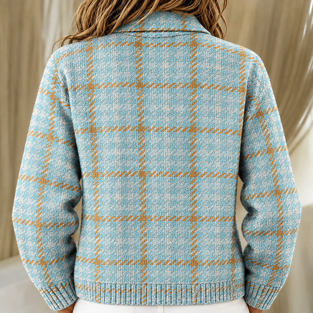 Clara sky blue checked knitted jacket, view 3
