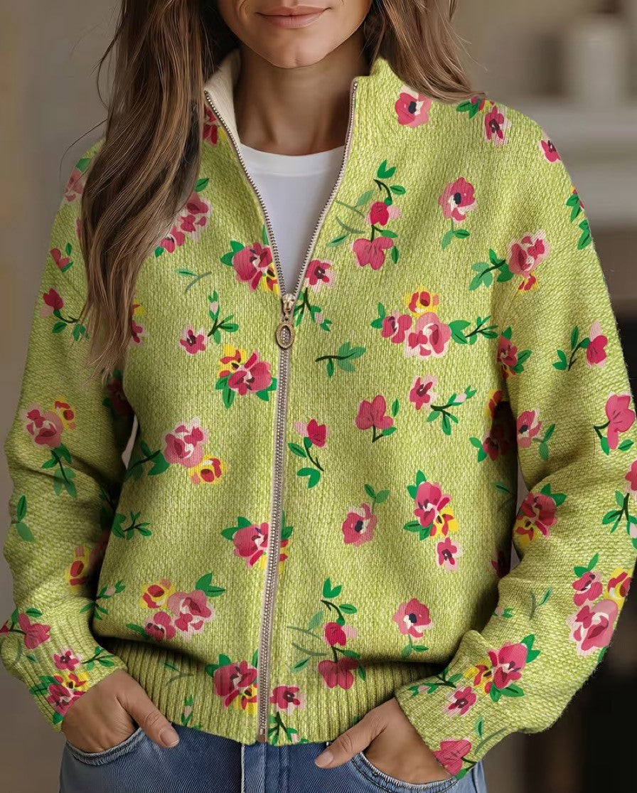 Lauren pink and lime floral zip-up cardigan, front view