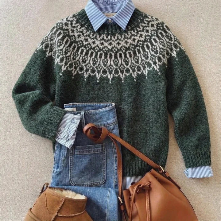 Tundra green Norwegian knit jumper, front view