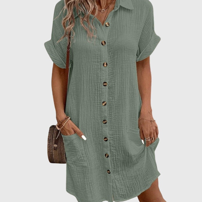 Caroline Comfortable Shirt Dress in Olive Green, view 5