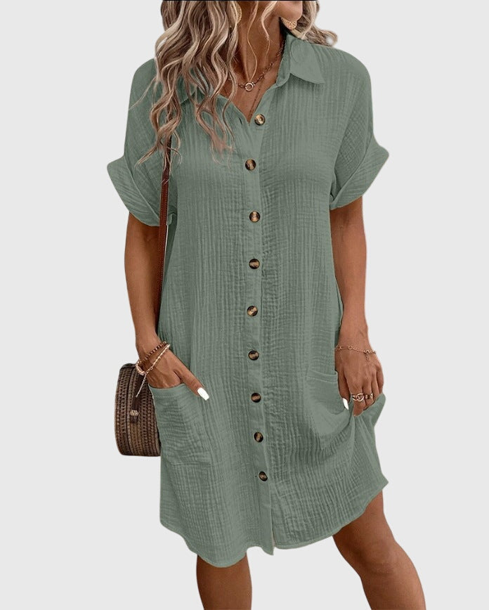 Caroline Button Front Shirt Dress in Olive Green, view 5