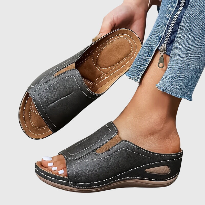 Aretha Orthopaedic Wedge Slide Sandals in Charcoal, view 8