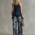 Ludovica navy high-neck top and printed trouser set, view 4