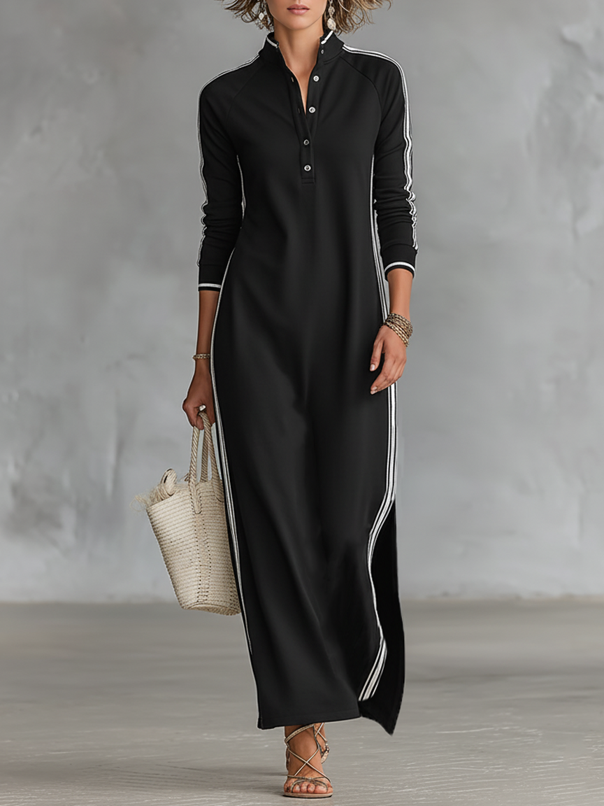 Sweatshirt maxi dress with button collar in Black, front view