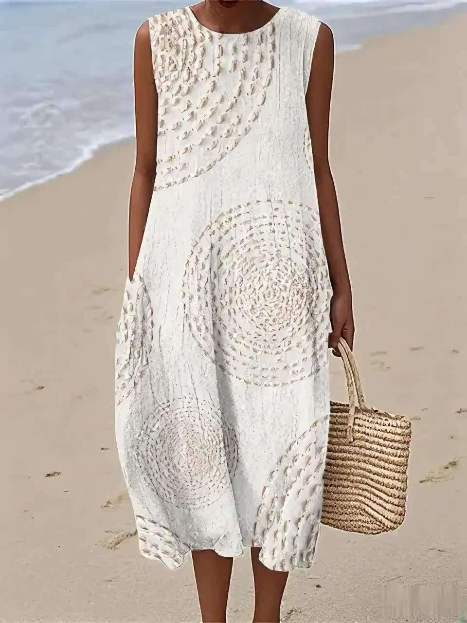 Oplena casual sleeveless print dress in White, front view