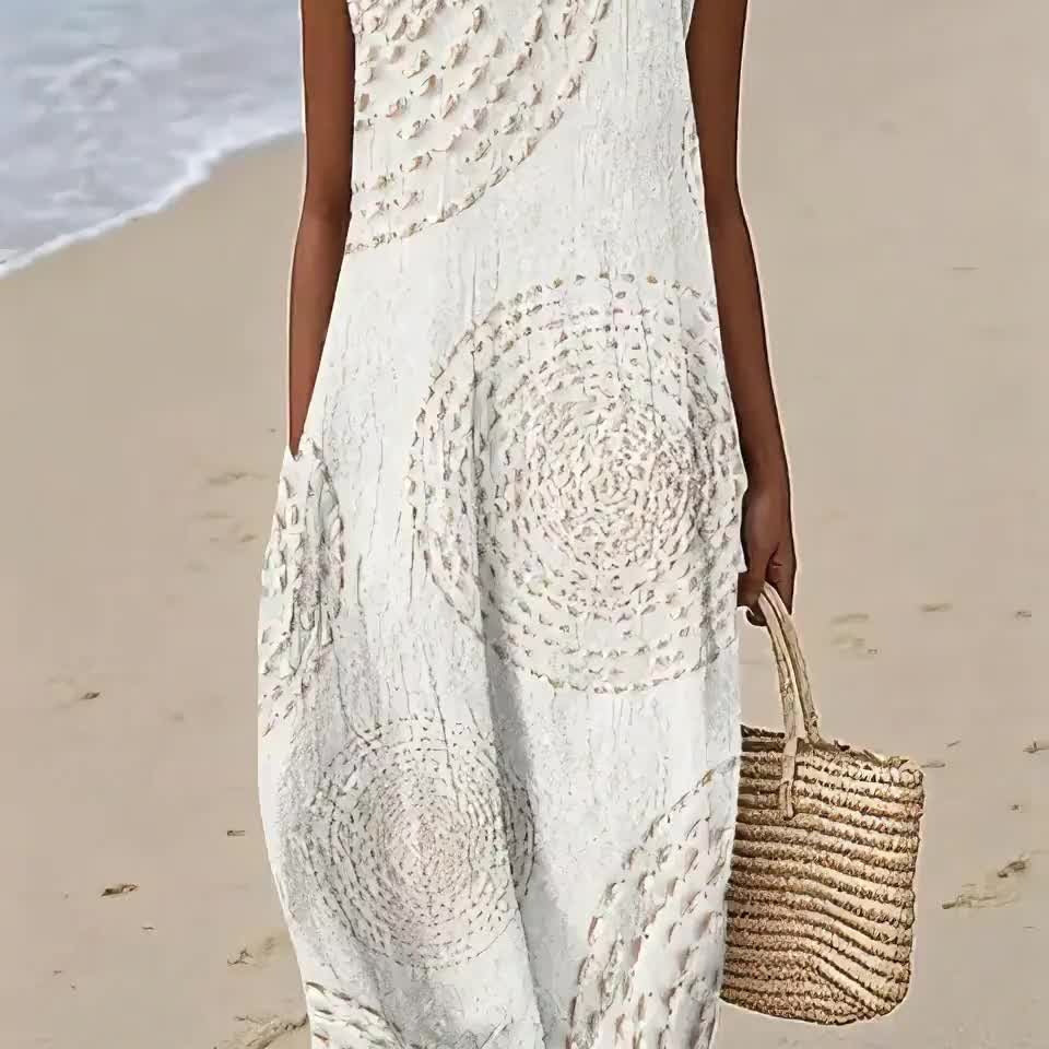 Oplena casual sleeveless print dress in White, front view