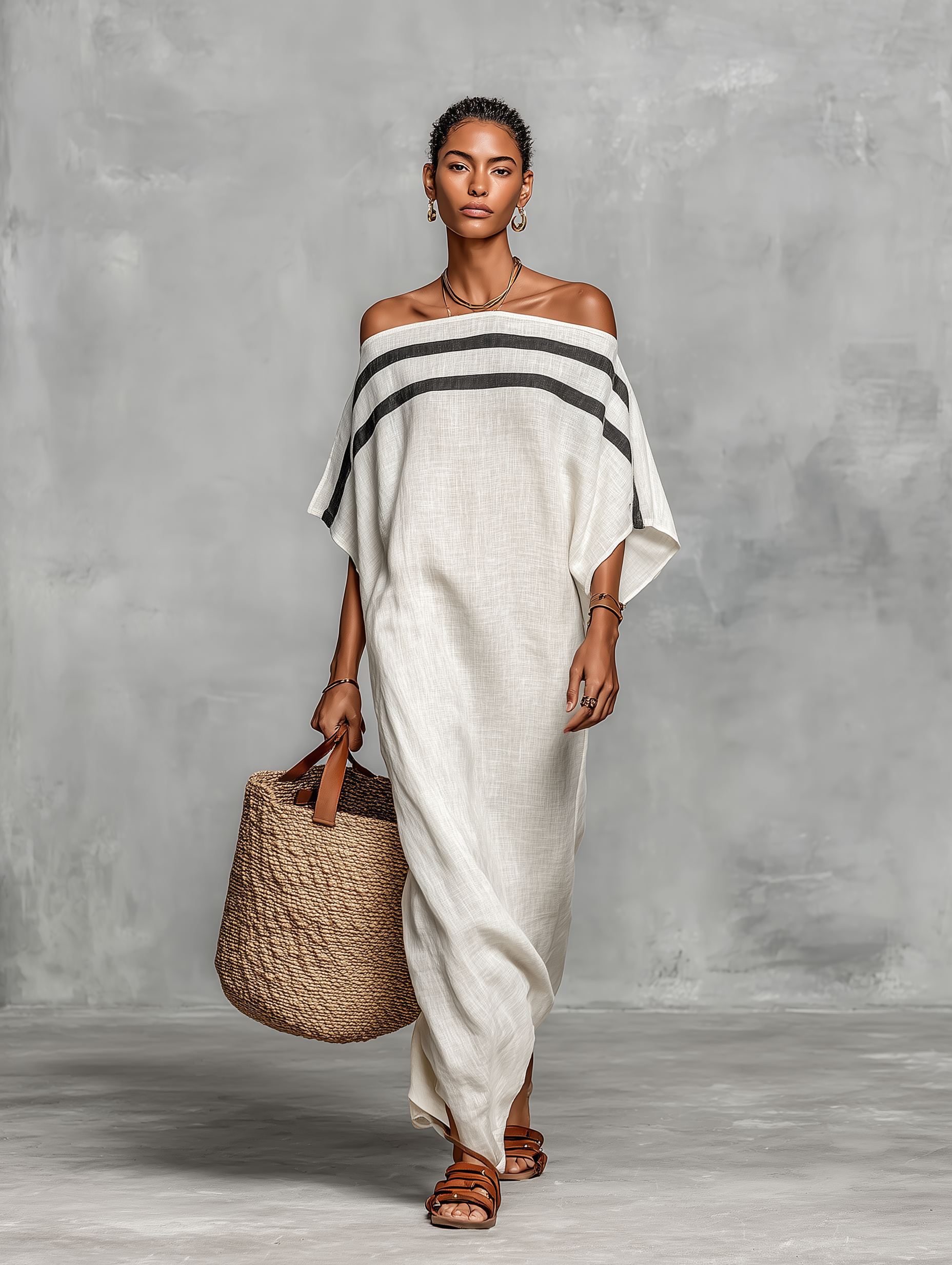 Minimalist off shoulder linen maxi dress, view 7