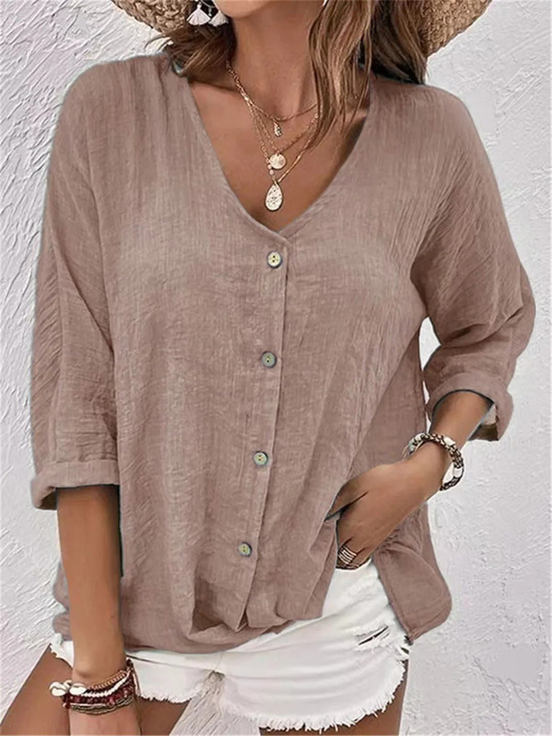 Fayo breezy V-neck button top in Brown, view 10