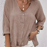 Fayo breezy V-neck button top in Brown, view 10