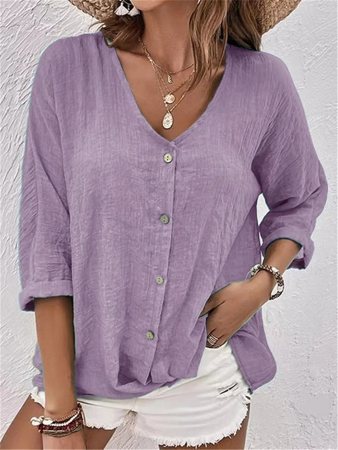 Fayo breezy V-neck button top in Purple, front view