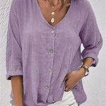 Fayo breezy V-neck button top in Purple, front view