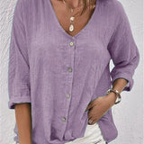 Fayo breezy V-neck button top in Purple, front view