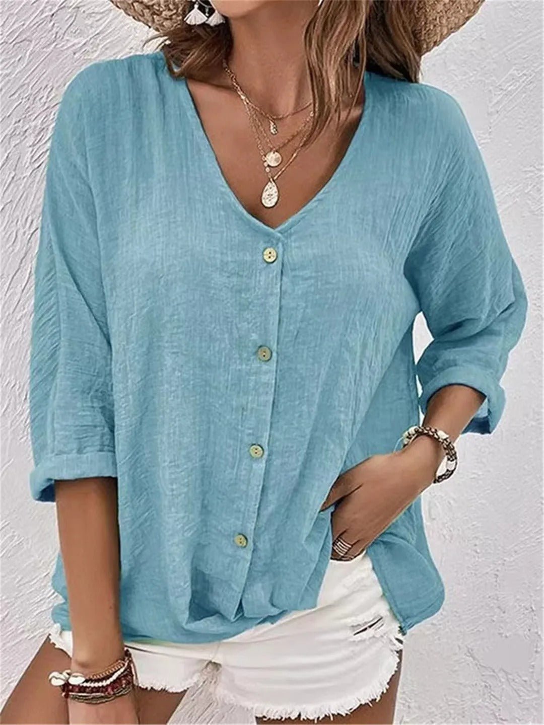 Fayo breezy V-neck button top in Blue, view 5