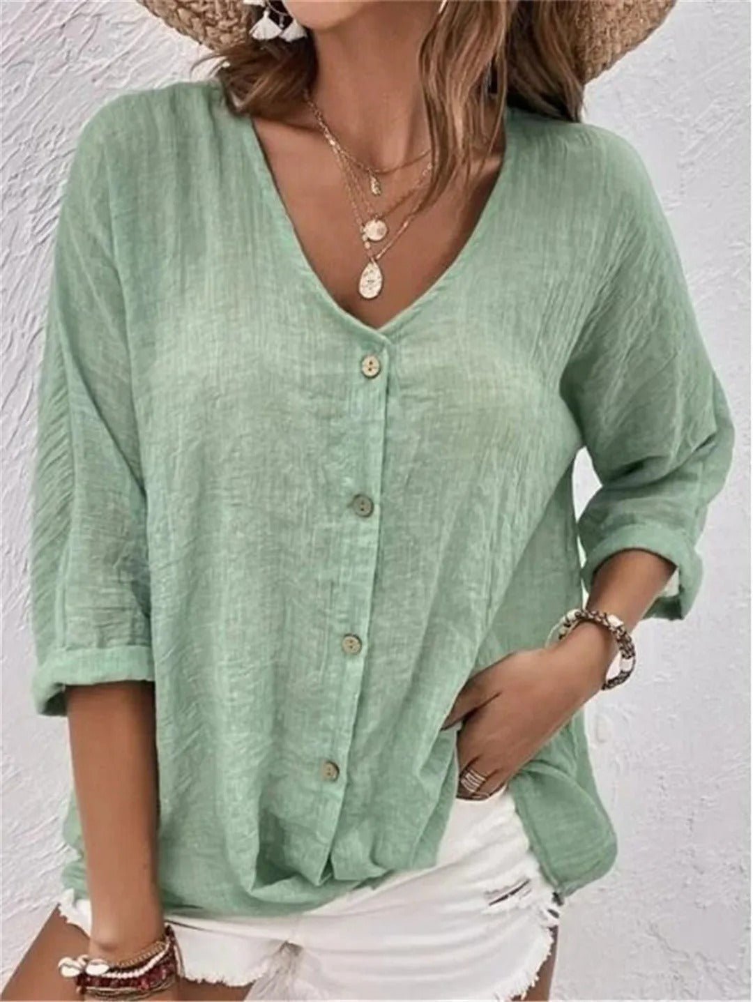 Fayo breezy V-neck button top in Green, view 3