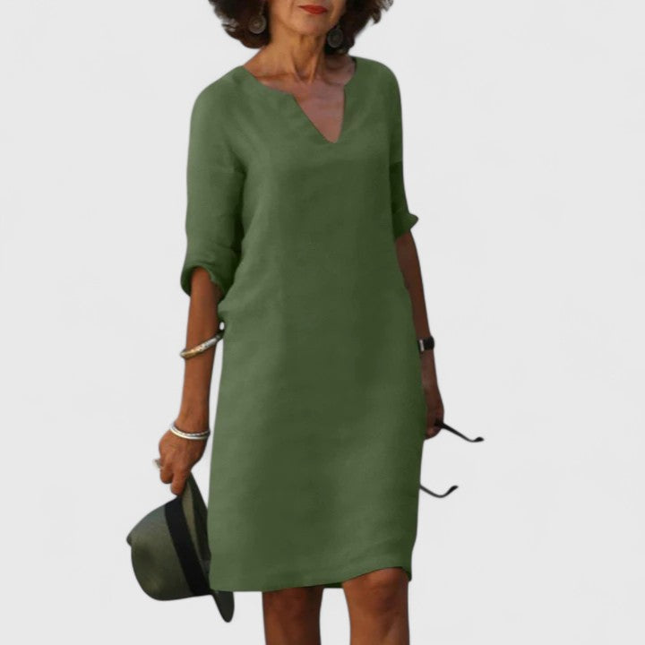 Taylor comfortable V neck dress in Olive Green, view 2