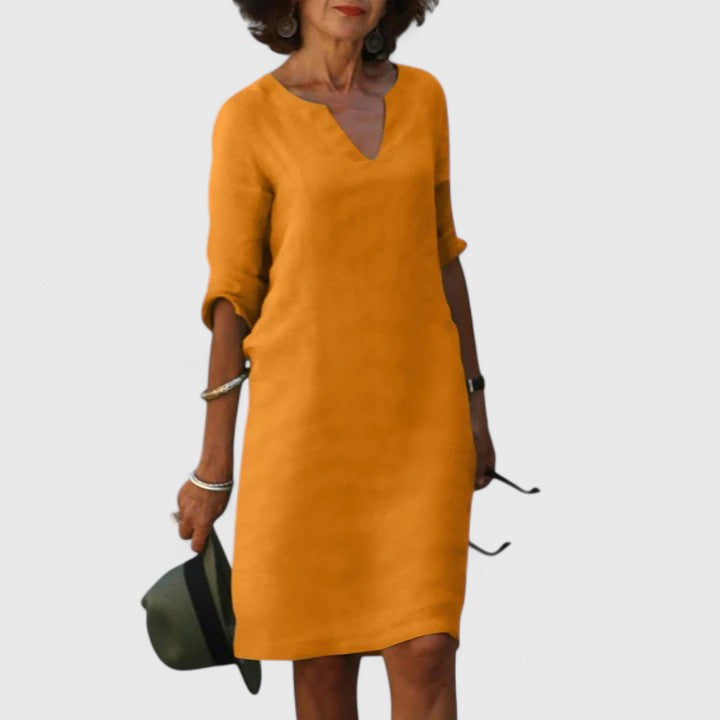 Taylor comfortable V neck dress in Orange, view 3