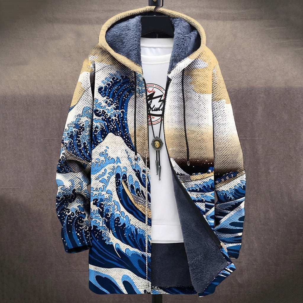 Deborah - Hokusai Great Wave on Beige Jacket, front view