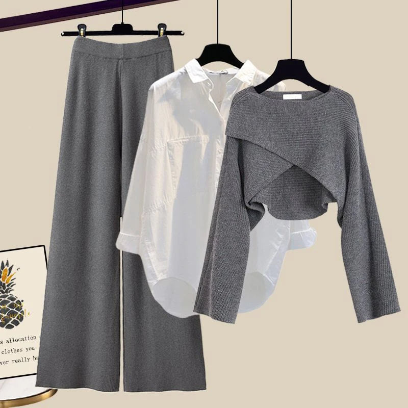 Wanda three-piece knit, shirt and trouser set, front view